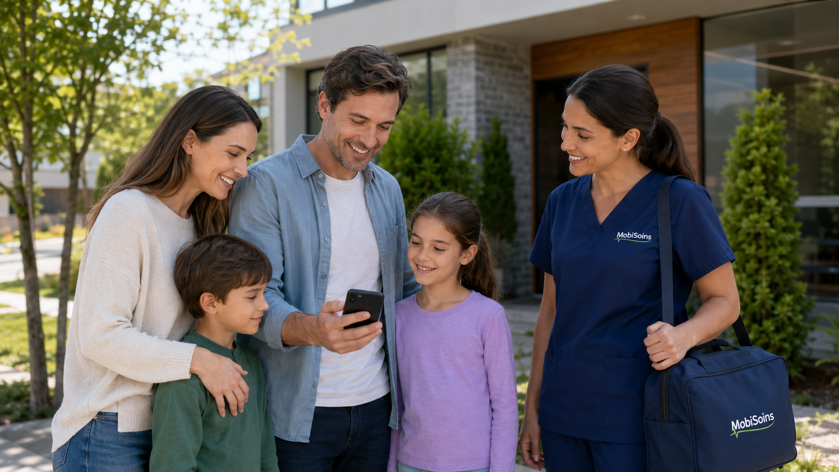 Infirmière MobiSoins rendant visite à une famille à domicile